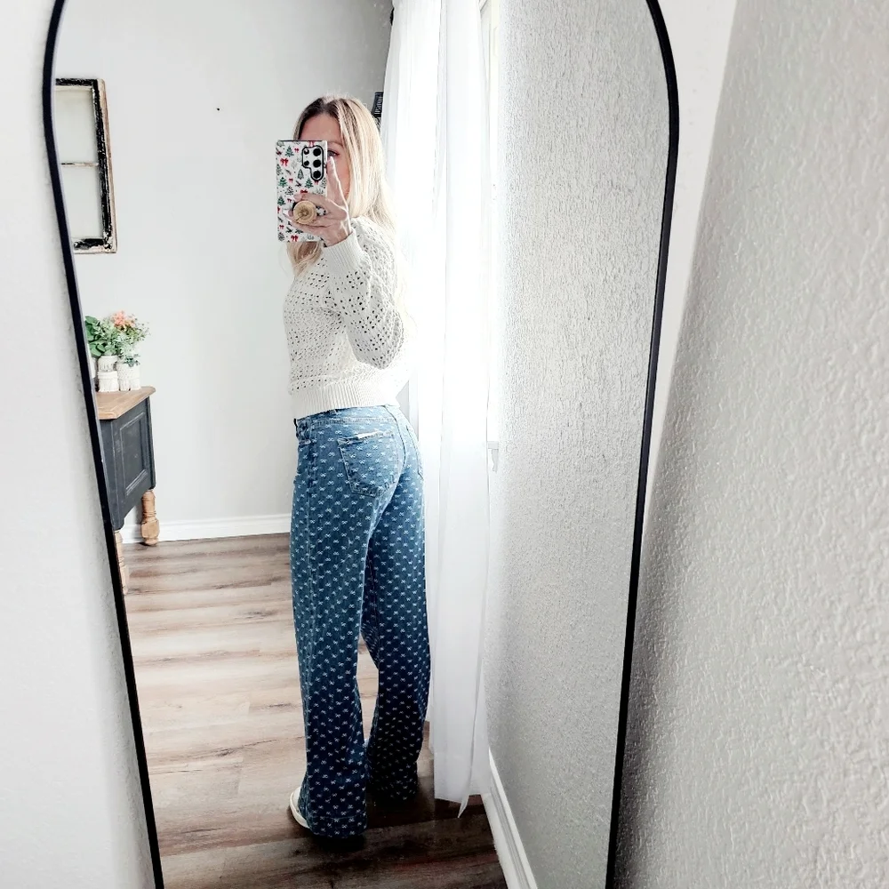 Risen High Rise Dark Wash Classic Wide Leg Jeans Bow Embroidered Various NEW - Picture 13 of 15